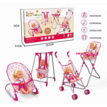 Zestaw do Opieki nad Lalką 3w1 dla dzieci 3+ Różowy + Wózek + Huśtawka + Bujak + Lalka